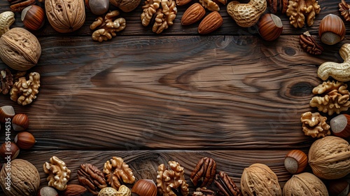 Assortment of Nuts and Almonds Arranged Around Wooden Background