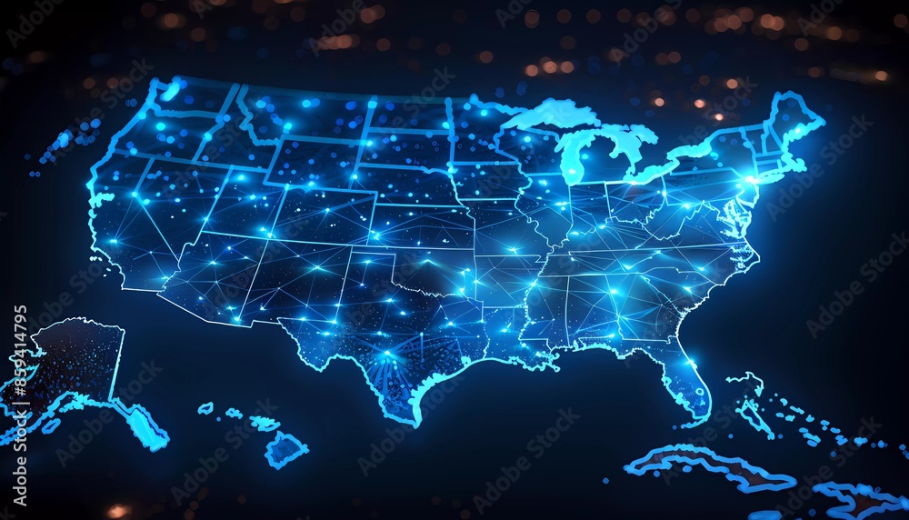 Obraz premium Cyber Sentinel: Guarding the Digital Homeland, map of the USA with sentinel-like cybersecurity icons stationed strategically, protecting digital assets