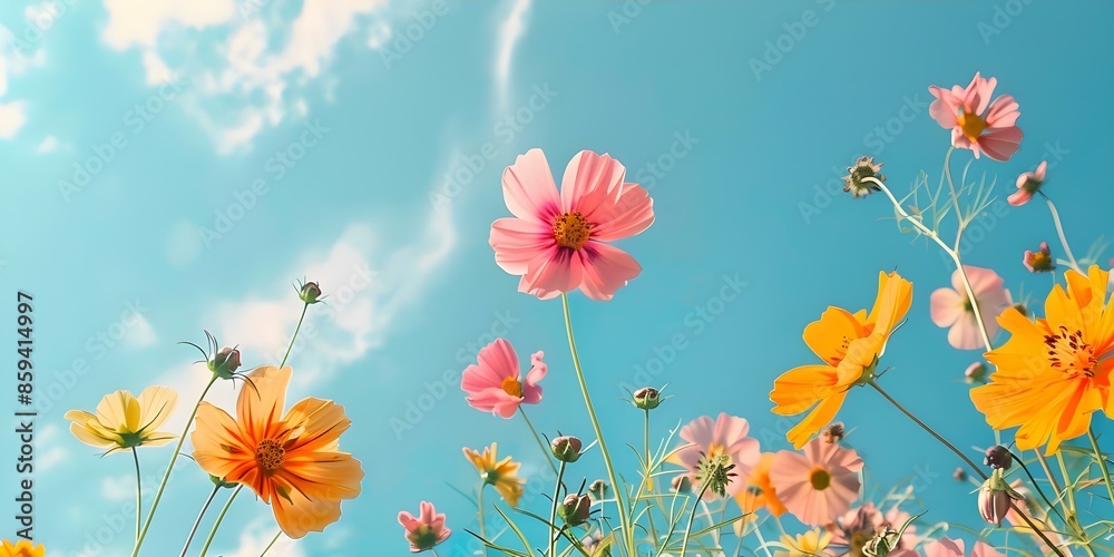 Vibrant flowers under a clear blue sky captured from a low angle. Concept Outdoor Photoshoot, Colorful Props, Vibrant Flowers, Clear Blue Sky, Low Angle Capture Vibrant flowers under a clear blue sky captured from a low angle. Concept Outdoor Photoshoot, Colorful Props, Vibrant Flowers, Clear Blue Sky, Low Angle Capture
