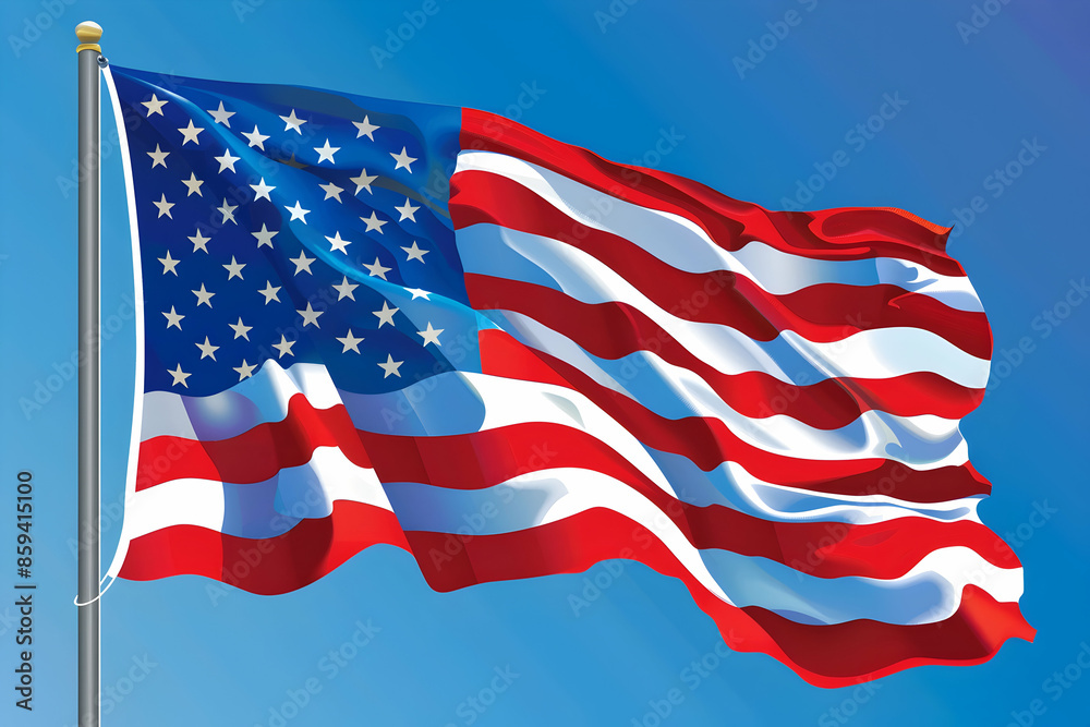 Fototapeta premium Waving American flag against a clear blue sky. Symbol of patriotism, freedom, and national pride. Perfect for patriotic events and celebrations.