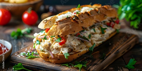 Classic fricassee sandwich rich flavors delicious textures culinary experience in every bite. Concept Sandwich, Fricassee, Rich Flavors, Delicious Textures, Culinary Experience