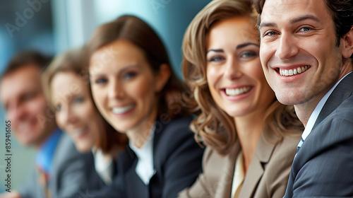 Happy group of businesspeople during presentation. Colleagues looking at camera and smiling.