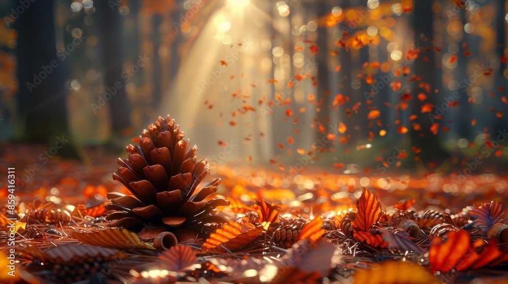 Pine cone in autumn forest, sunlight through trees. Nature and tranquility concept Pine cone in autumn forest, sunlight through trees. Nature and tranquility concept