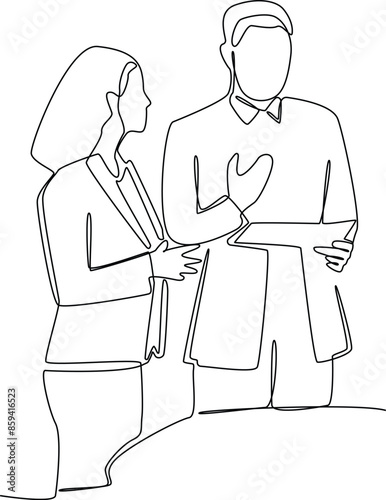 One continuous line drawing of a staff is presenting a business idea. Business training concept. Trendy single line draw