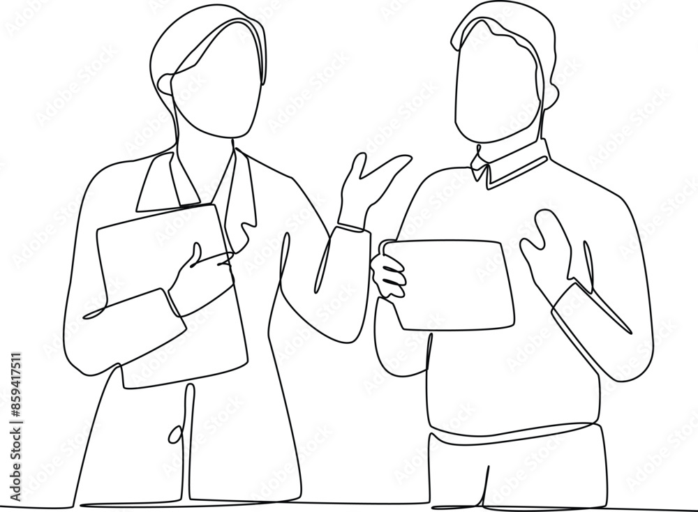 One continuous line drawing of two workers are discussing a new business project. Business training concept. Trendy single line draw One continuous line drawing of two workers are discussing a new business project. Business training concept. Trendy single line draw