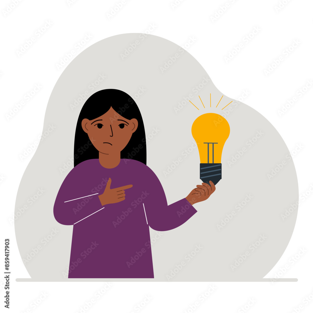 A little girl is holding a light bulb in his hand. Concept of idea, brainstorming, thinking, solution, eureka, bingo homework or find answer. A little girl is holding a light bulb in his hand. Concept of idea, brainstorming, thinking, solution, eureka, bingo homework or find answer.