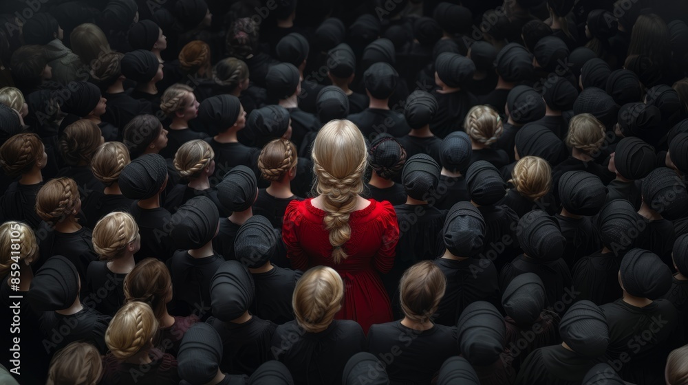 Obraz premium A woman in red was standing in the middle of a group of people in black.