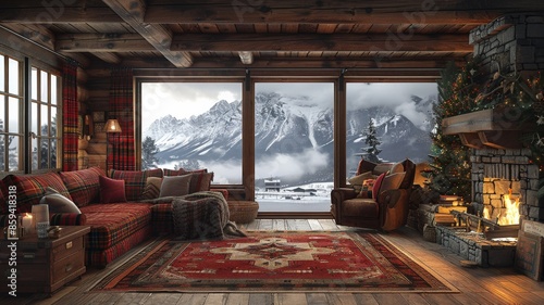 Cozy Rustic Cabin Living Room with Large Windows Overlooking Snow-Capped Mountains, Warm Fireplace, and Festive Christmas DecorationsCozy © Piya