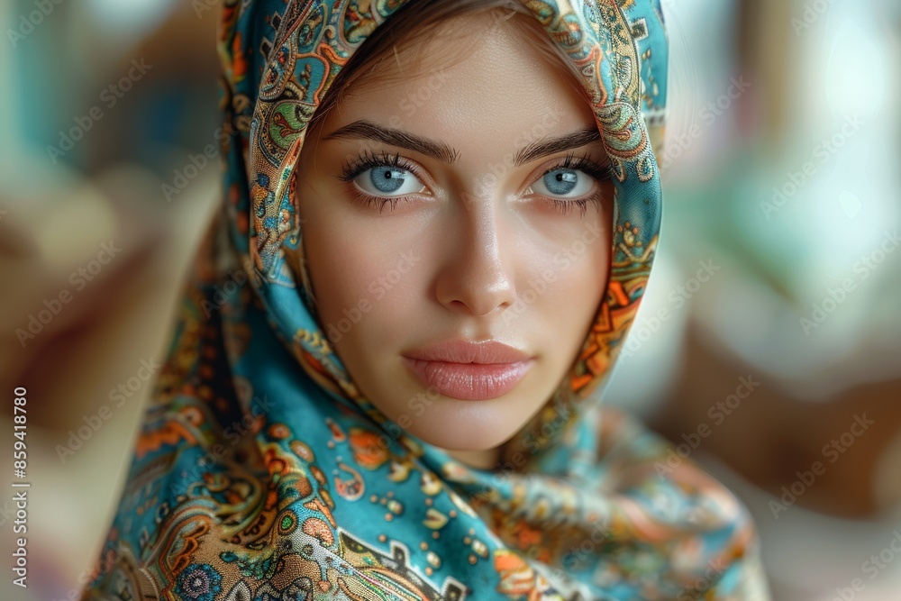 Portrait of a young woman with blue eyes wearing a colorful, intricately patterned headscarf in a softly lit indoor setting with blurred background.beauty Portrait of a young woman with blue eyes wearing a colorful, intricately patterned headscarf in a softly lit indoor setting with blurred background.beauty