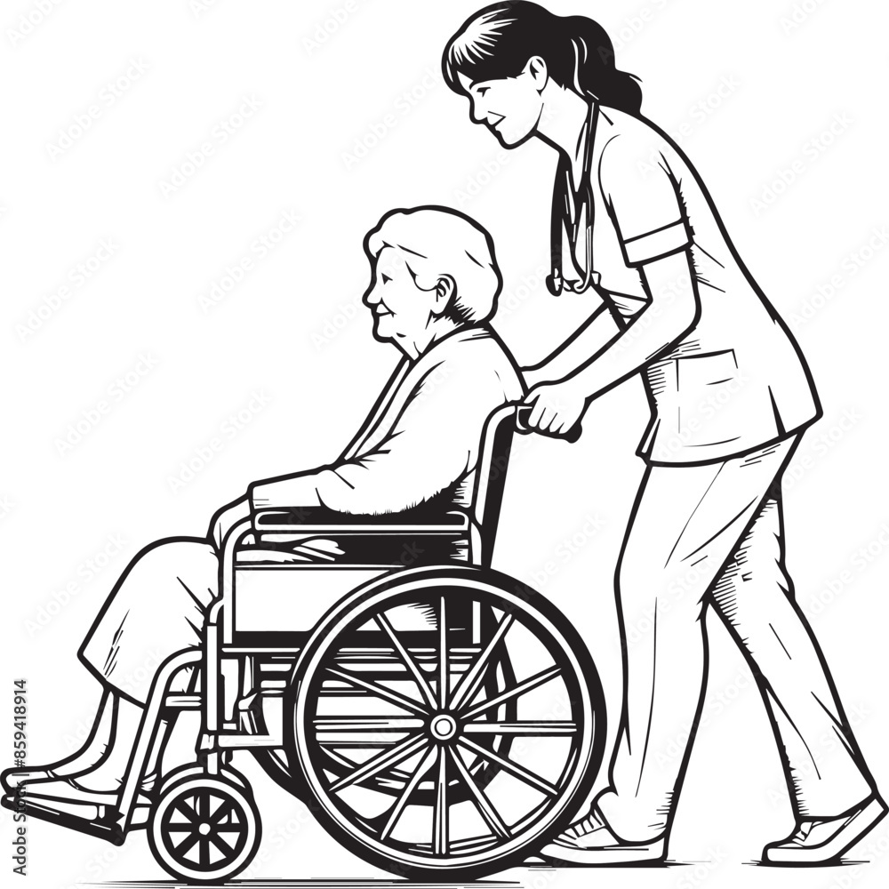 illustration of nurse help old woman on wheel chair illustration of nurse help old woman on wheel chair