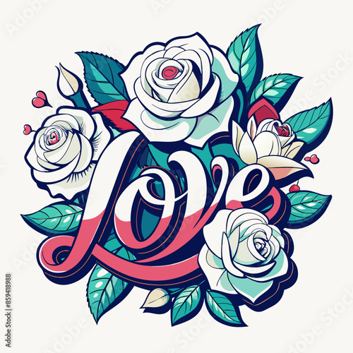 T-shirt design with the word "Love" typography, beautiful roses, white background