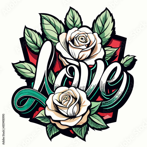 T-shirt design with the word "Love" typography, beautiful roses, white background