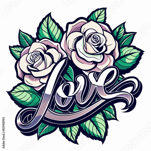 T-shirt design with the word "Love" typography, beautiful roses, white background