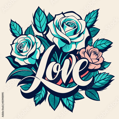 T-shirt design with the word "Love" typography, beautiful roses, white background