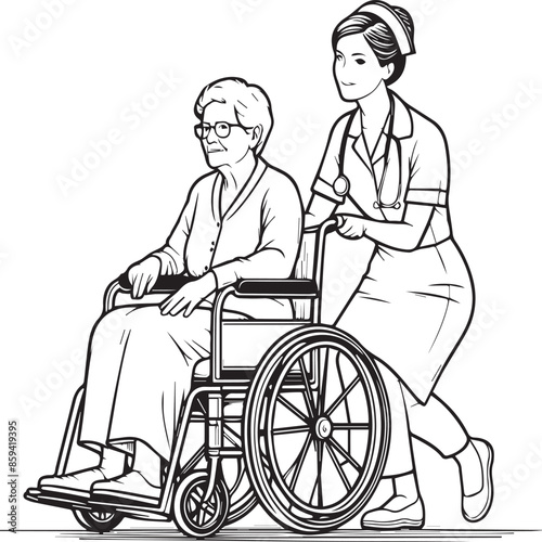 illustration of nurse help old woman on wheel chair