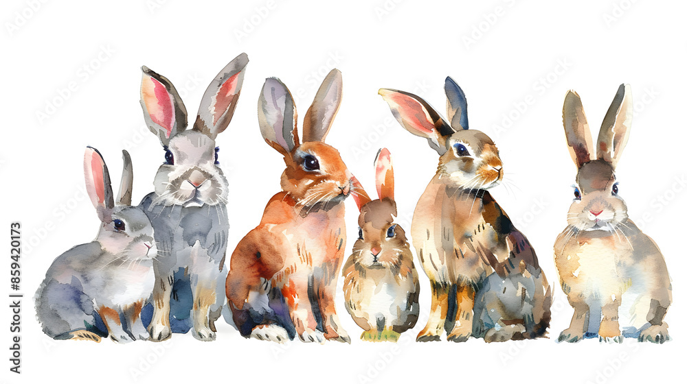 Fototapeta premium Collection of cute rabbits watercolor isolated on a white background