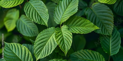 Background of green Kratom tree leaves Mitragyna Speciosa known for medicinal properties. Concept Medicinal Uses, Kratom Trees, Mitragyna Speciosa, Green Leaves, Traditional Medicine