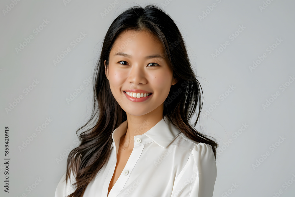 Closeup portrait of beautiful smiling Asian woman with smooth healthy skin