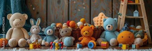 Toys and Blocks Next to Basket in Soft Studio Light, Focused Product Shot with Stuffed Animals on Dark Background photo