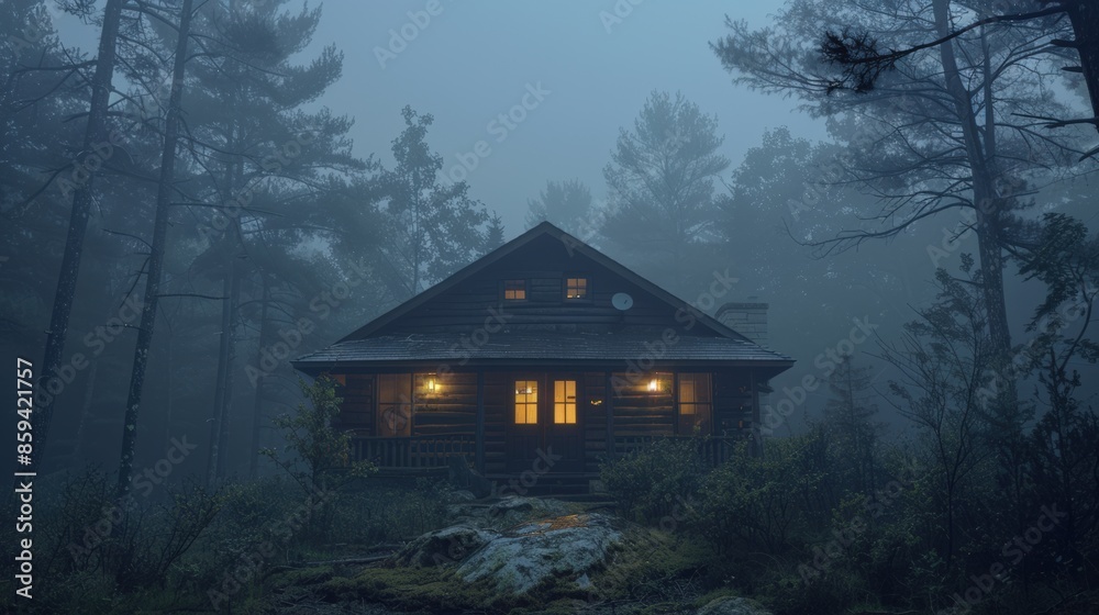 A cozy cabin glowing warmly amidst a foggy forest, showcasing a tranquil and mysterious evening in nature. A cozy cabin glowing warmly amidst a foggy forest, showcasing a tranquil and mysterious evening in nature.