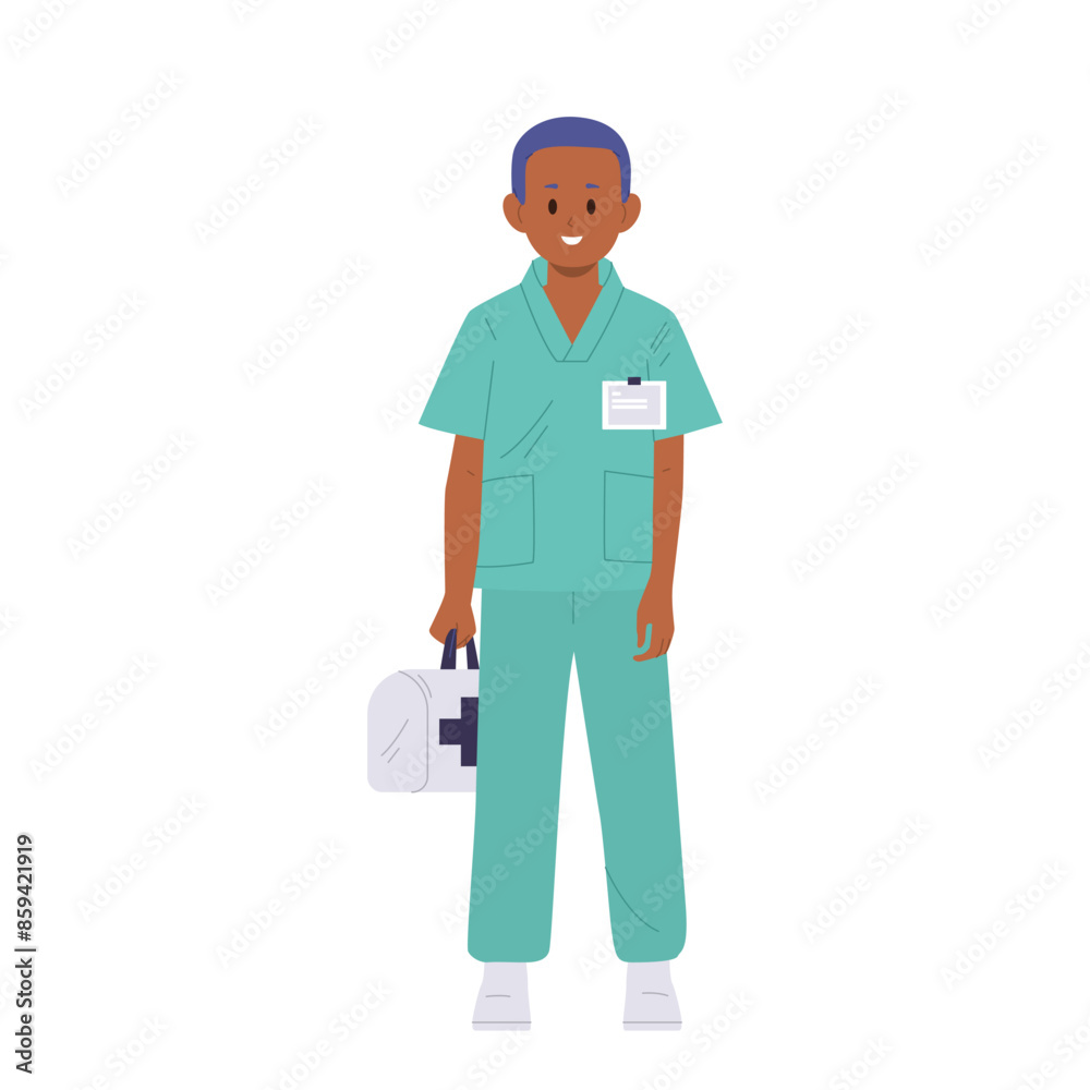 Boy child paramedic cartoon character holding medical first aid kit box vector illustration Boy child paramedic cartoon character holding medical first aid kit box vector illustration
