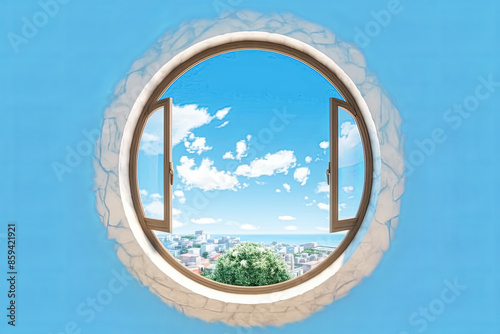 A window with a view of a city and a tree © Алла Морозова