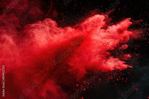 A dense red dust cloud suspended in the air against a dark background photo