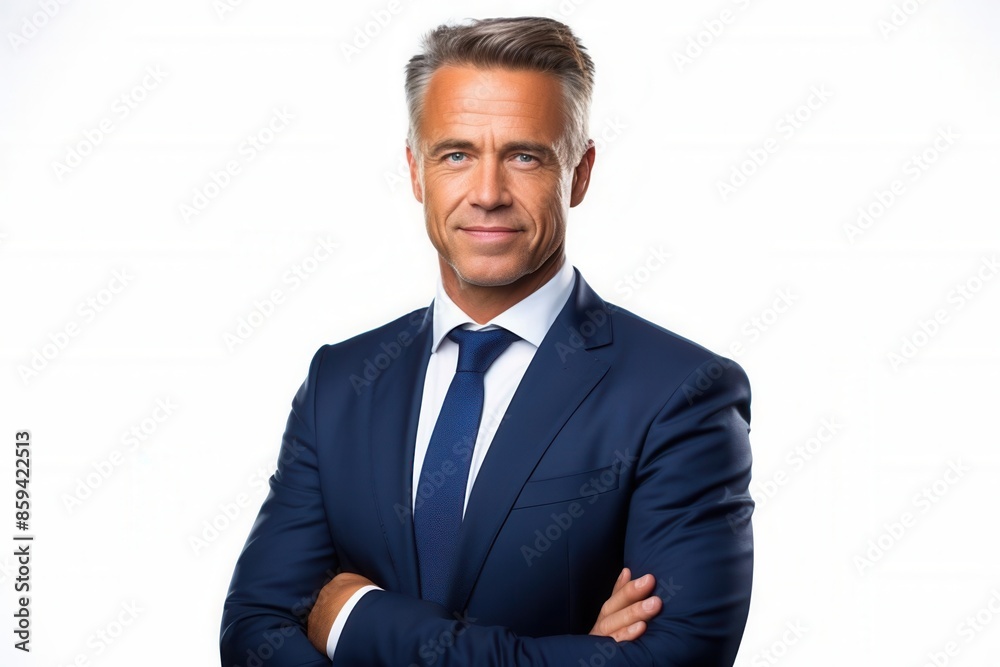 Confident businessman with arms crossed, wearing a blue suit and tie, against a white background.