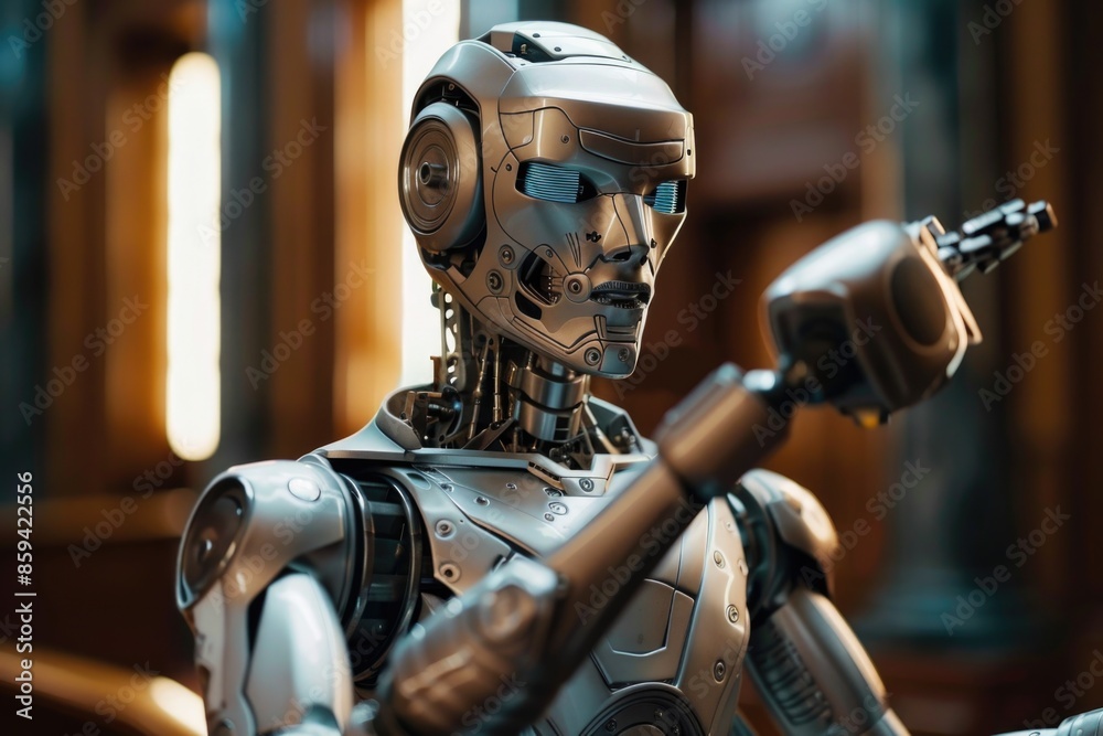 A robot holding a baseball bat in a room A robot holding a baseball bat in a room
