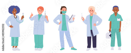 Happy cute children professional doctors cartoon medical characters wearing uniform isolated set