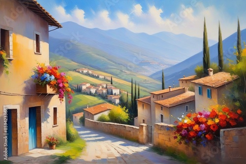 Summer day in Italy with mountain view. Italian village street with blooming flowers and old houses. Impressionism oil painting. Landscape with blossom flowers. For card, interior, banner, poster