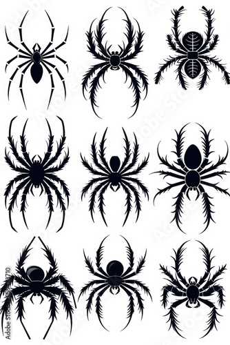 A set of spider silhouettes against a white background, ideal for use in designs related to nature, science, or Halloween-themed projects © Ева Поликарпова