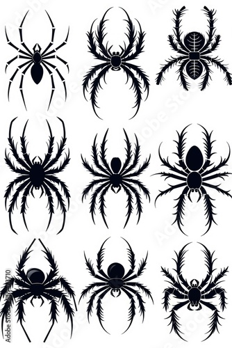 A set of spider silhouettes against a white background, ideal for use in designs related to nature, science, or Halloween-themed projects