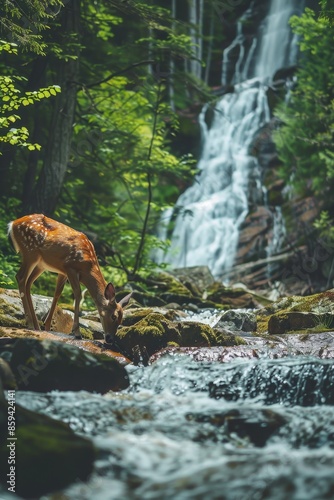 A deer drinks from a stream in a lush forest, with a beautiful waterfall cascading in the background, creating a serene nature scene.