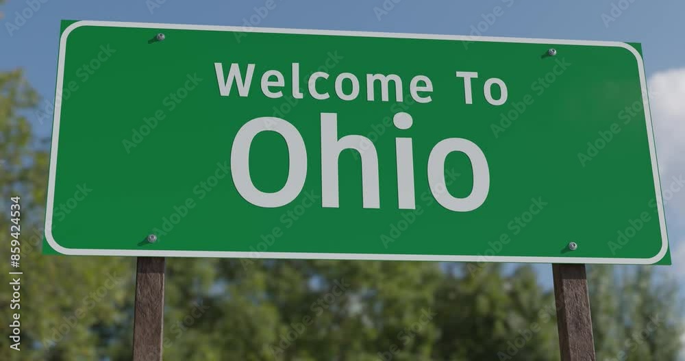 Driving By A Welcome To Illinois Green Road Sign Against a Blue Sky and Clouds.
