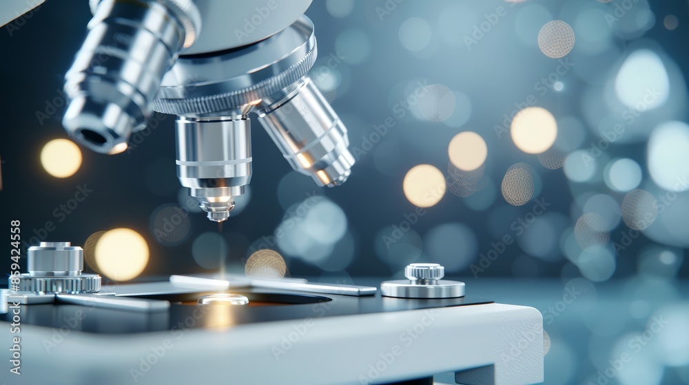 High-tech microscope with sleek design, illuminated by soft light background, detailed focus on lenses and dials, scientific precision and innovation, perfect for laboratory visuals High-tech microscope with sleek design, illuminated by soft light background, detailed focus on lenses and dials, scientific precision and innovation, perfect for laboratory visuals