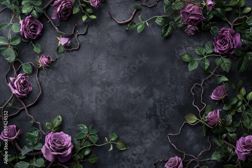 Fototapeta Naklejka Na Ścianę i Meble -  A close-up of a bouquet of purple roses against a dark, matte background