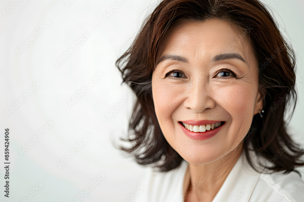 Closeup Portrait of pretty smiling mature asian woman isolated on white background Closeup Portrait of pretty smiling mature asian woman isolated on white background