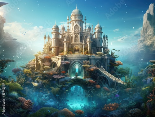 A magnificent underwater palace surrounded by vibrant aquatic life and colorful corals, bathed in enchanting blue light.