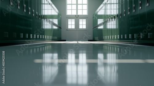 Quiet school hallway with rows of dark green lockers, natural light pouring in from large windows, reflecting off the polished floor, casting a tranquil glow photo