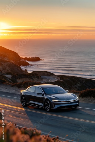 Luxury EV car driving along a coastal road, sunset background, Electric Energy, Ecofriendly luxury and scenic travel