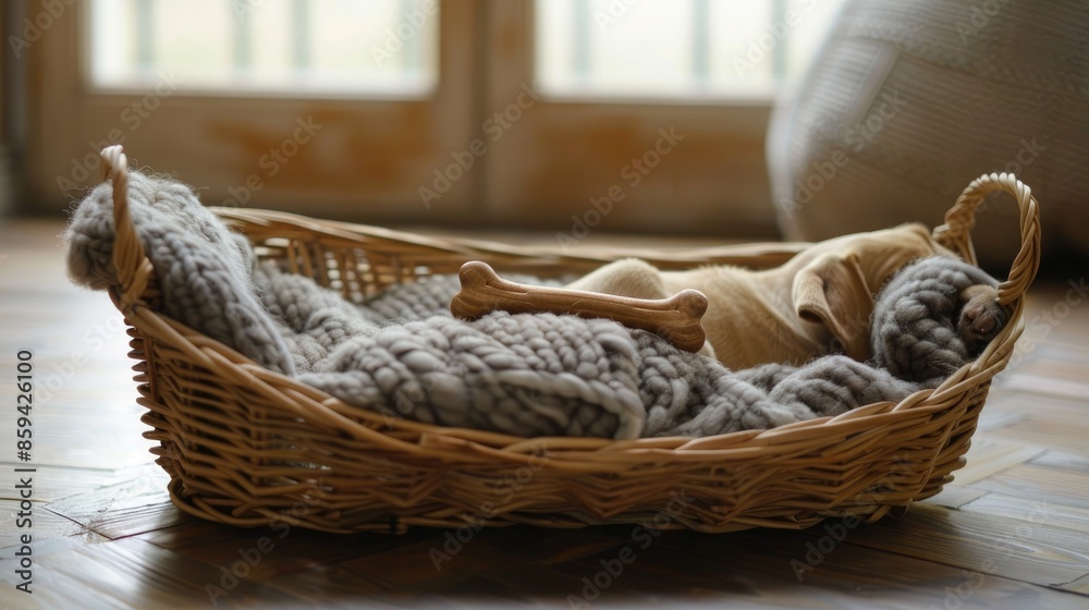 Obraz premium Dog bed basket empty except for one dog bone symbolizing missing dog
