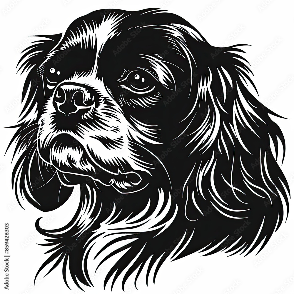 Fototapeta premium A black and white drawing of a Cavalier King Charles Spaniel dog