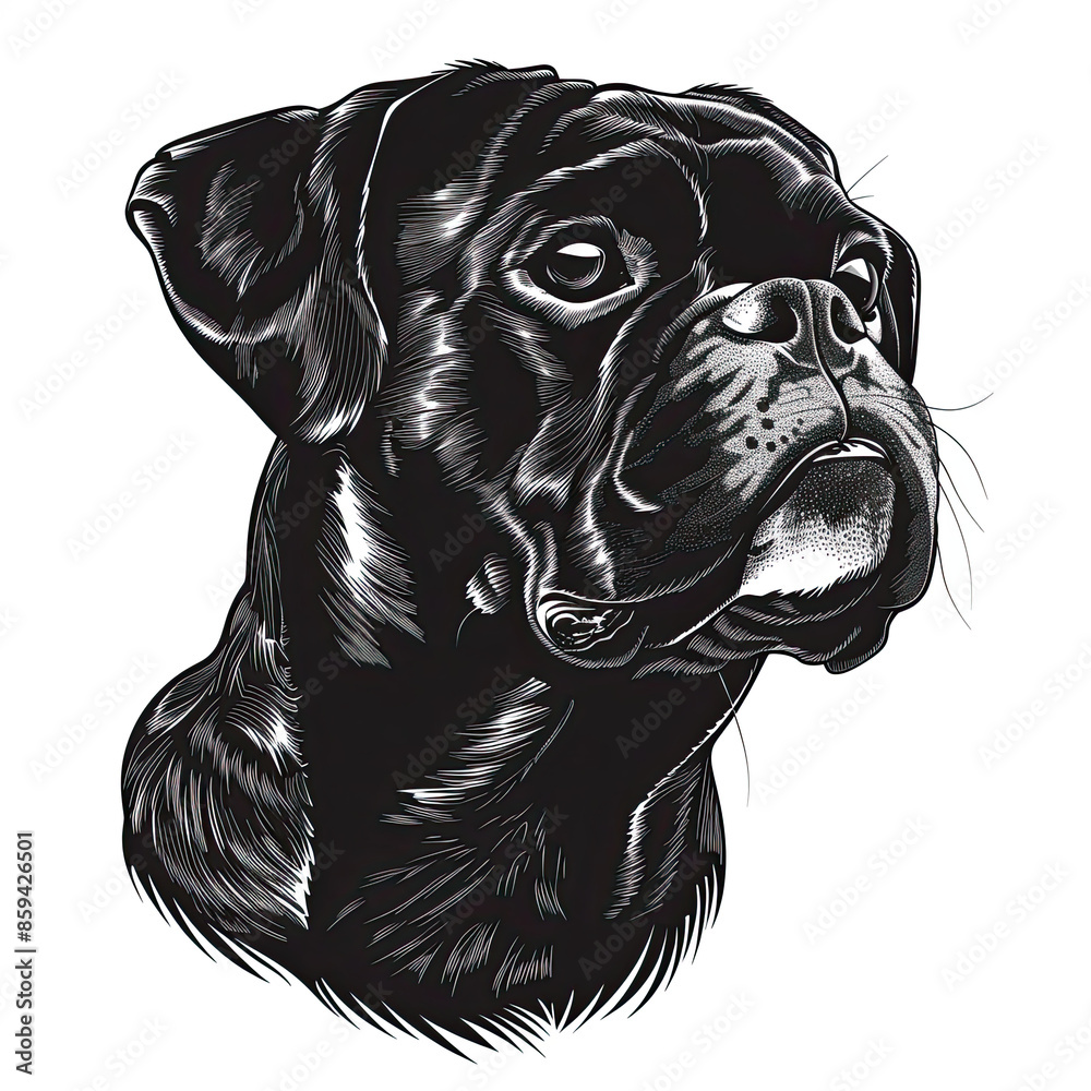 A black and white drawing of a Boxer dog A black and white drawing of a Boxer dog