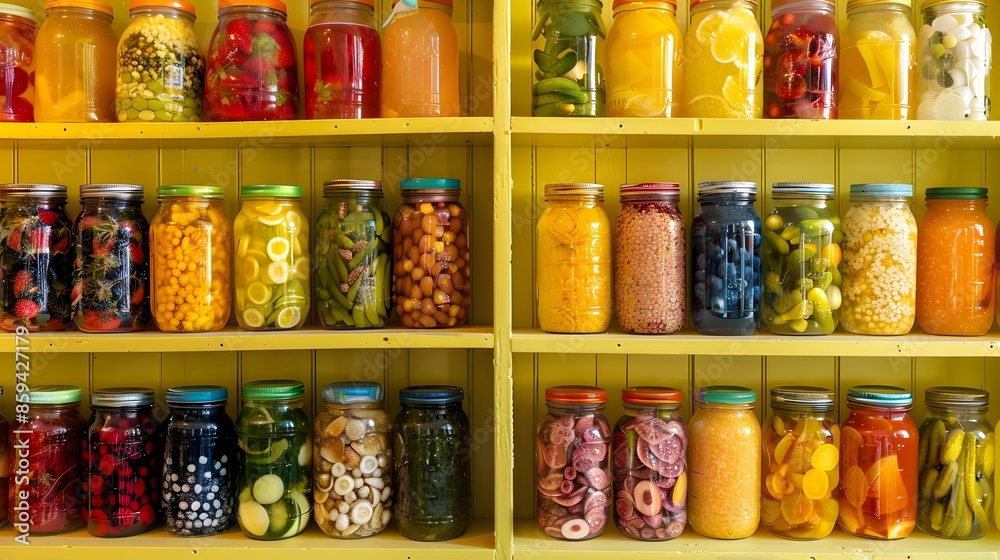 A delightful collection of transparent jars filled with an array of homemade jams, jellies, and pickles, set against a cheerful yellow shelving unit. a visually inviting and tasteful display. A delightful collection of transparent jars filled with an array of homemade jams, jellies, and pickles, set against a cheerful yellow shelving unit. a visually inviting and tasteful display.