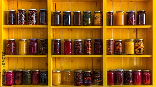A delightful collection of transparent jars filled with an array of homemade jams, jellies, and pickles, set against a cheerful yellow shelving unit. a visually inviting and tasteful display.