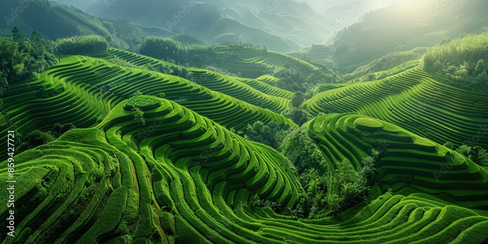Aerial View of Lush Green Rice Terraces Aerial View of Lush Green Rice Terraces