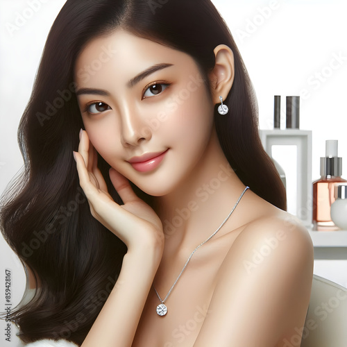 Asian woman Beautiful smart healthy with little smaile with a round face clean and white fresh skin, face care photo