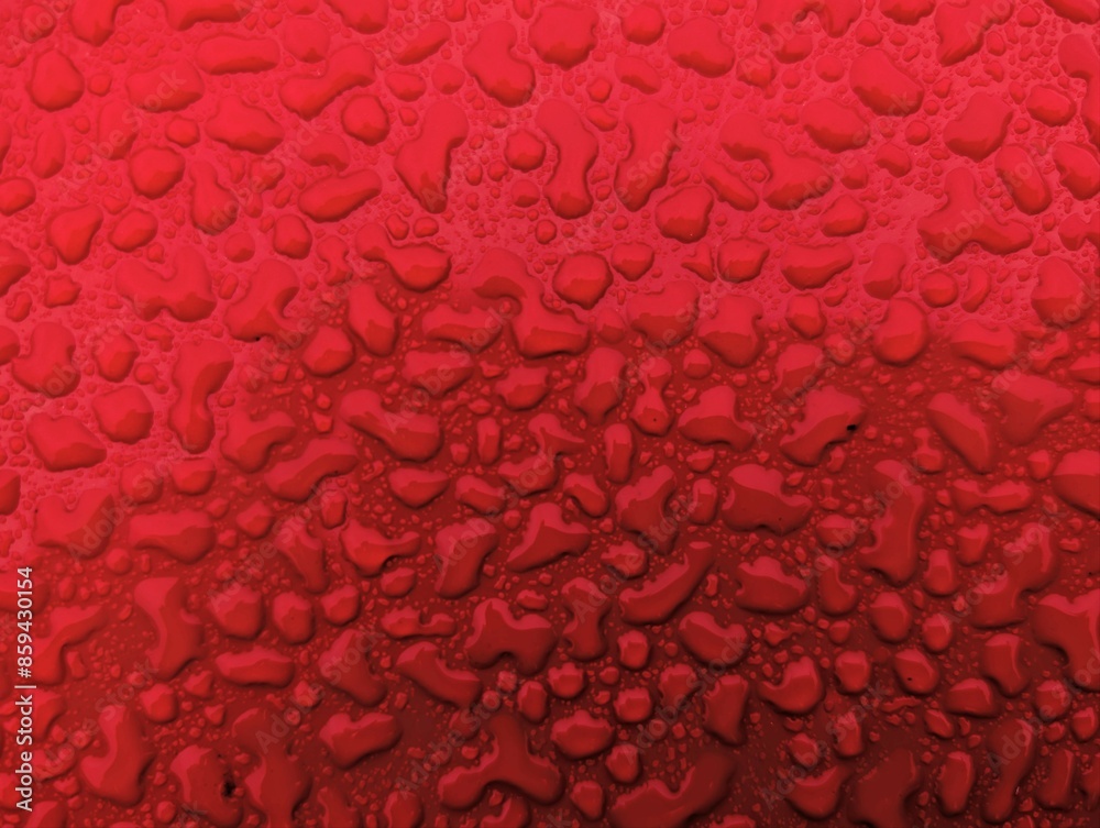 Water drops on metallic red shiny metal background, wet after rain, template, wallpaper