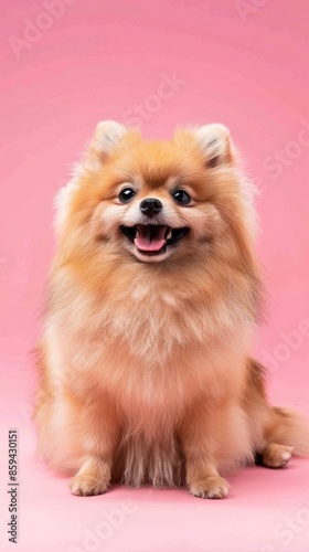 Cute pomeranian dog on a pink background. Pet photography concept © iVGraphic